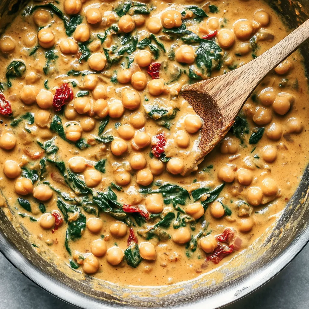 A bowl of soup with chickpeas and spinach.