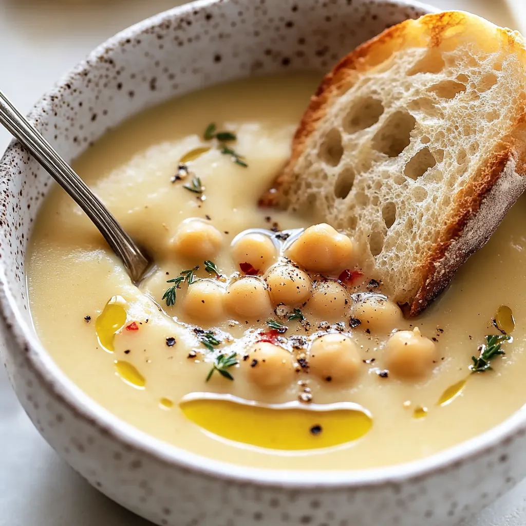 A bowl of soup with a piece of bread on top.