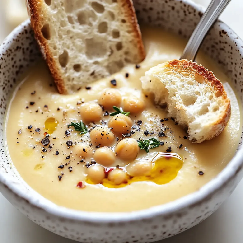 A bowl of soup with a slice of bread and a piece of bread on top.