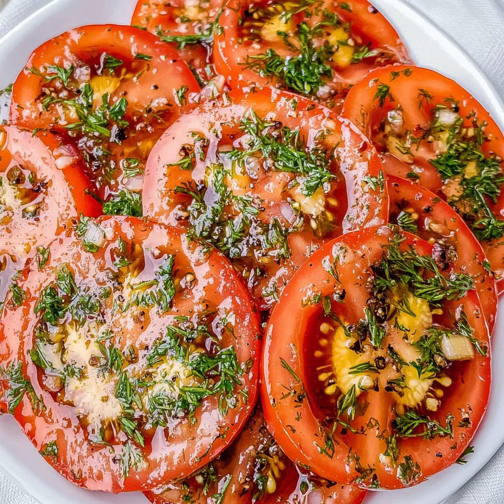 A plate of sliced tomatoes with herbs on top.