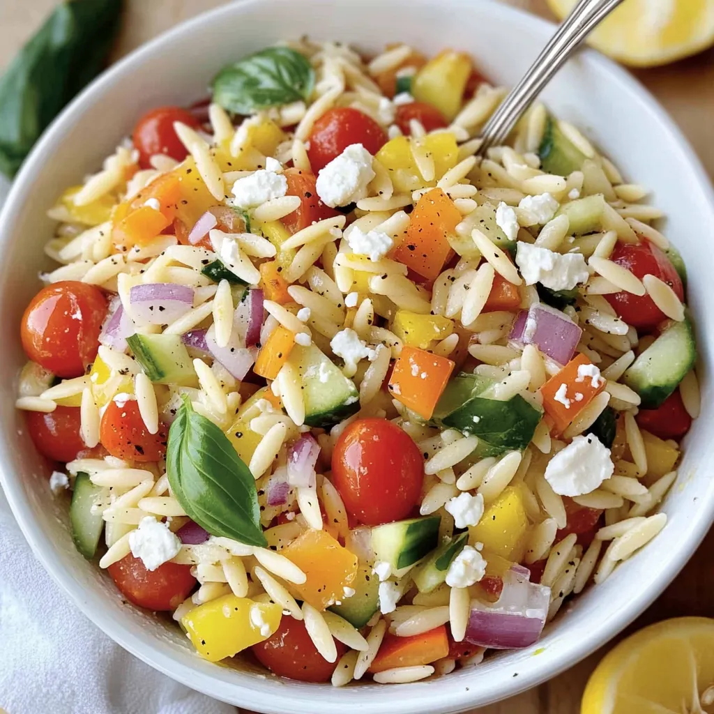 A bowl of pasta salad with tomatoes, cucumbers, and feta cheese.