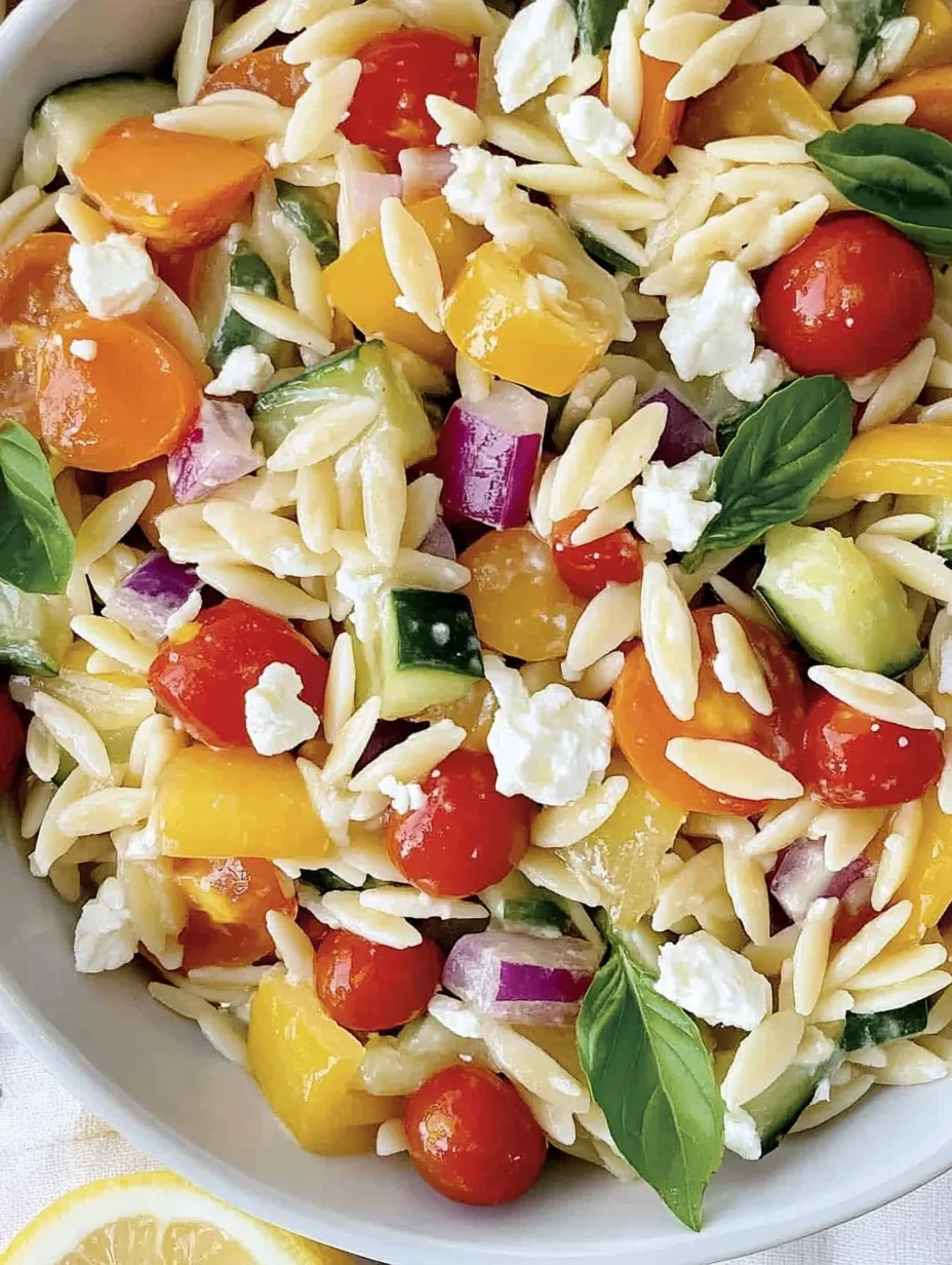 A bowl of pasta salad with tomatoes, cucumbers, and feta cheese.
