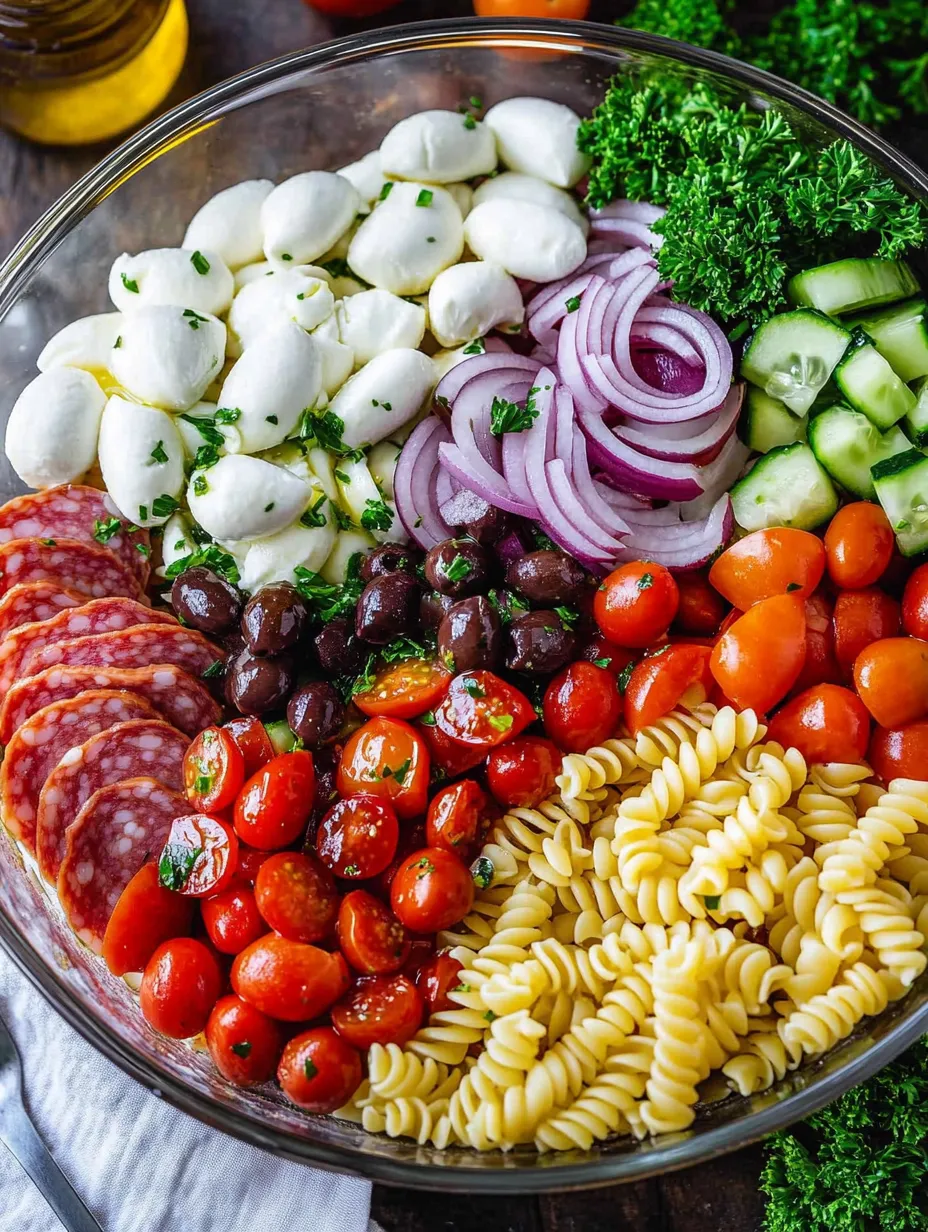 A bowl of food with tomatoes, onions, cucumbers, and pasta.