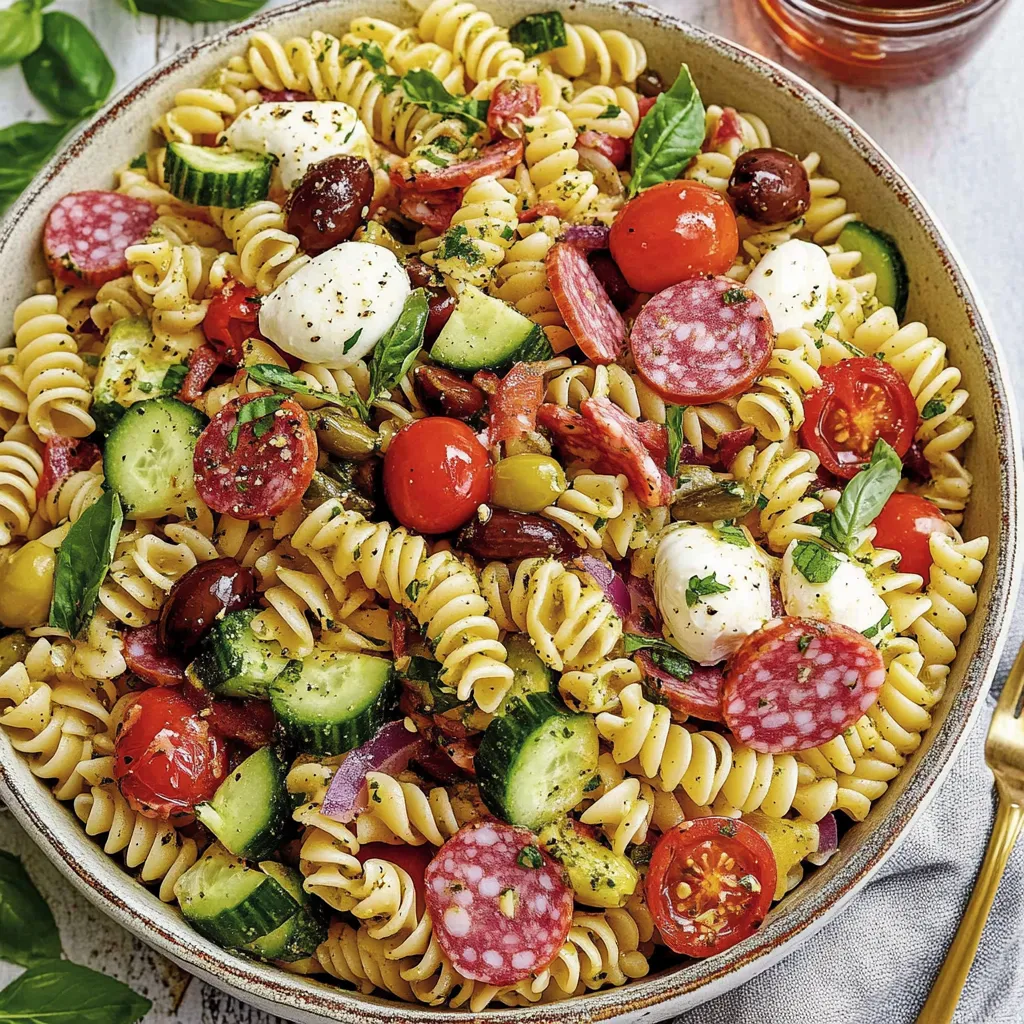 A bowl of pasta with tomatoes, cucumbers, and olives.
