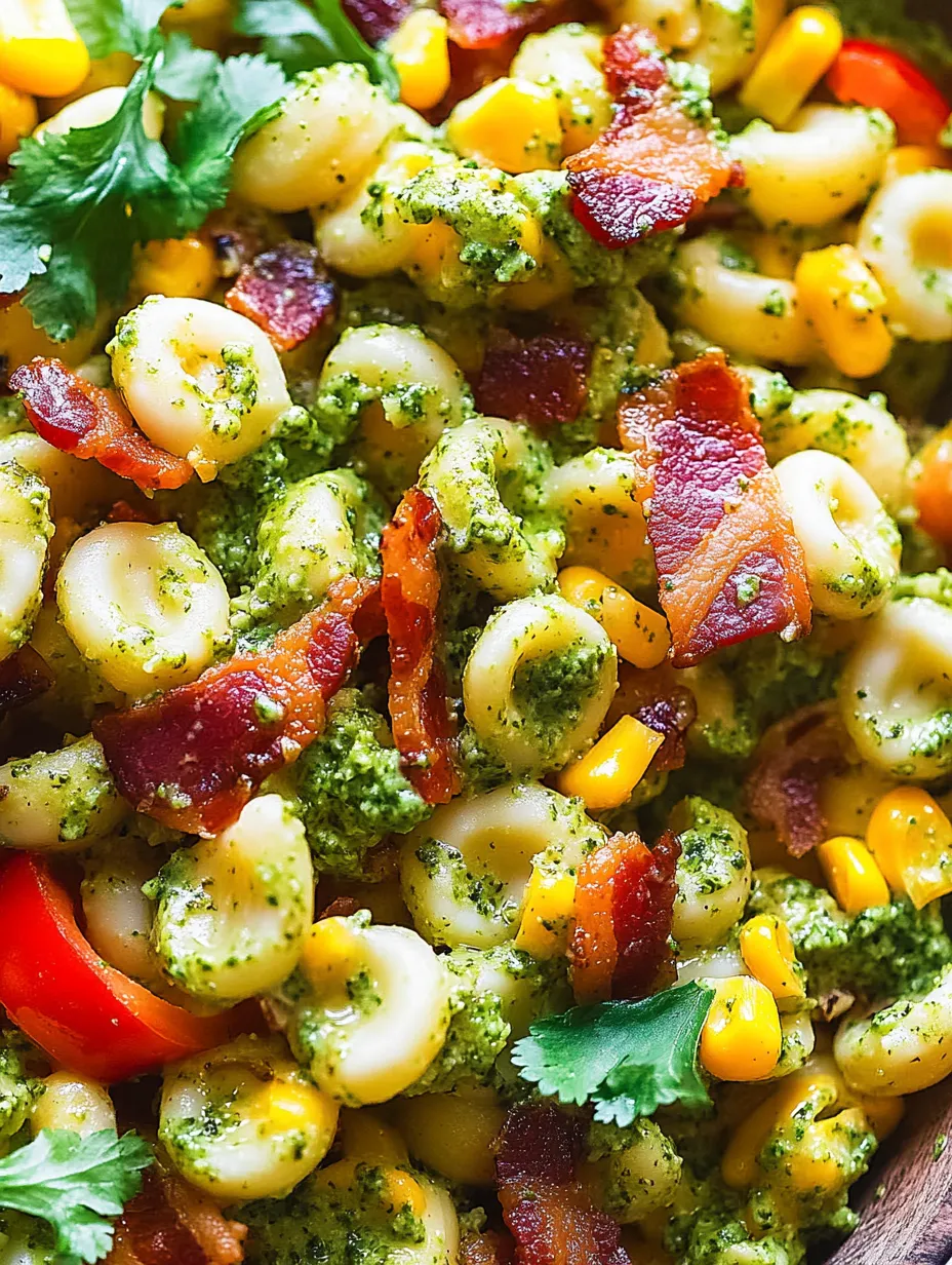 A dish of pasta with bacon and green stuff.