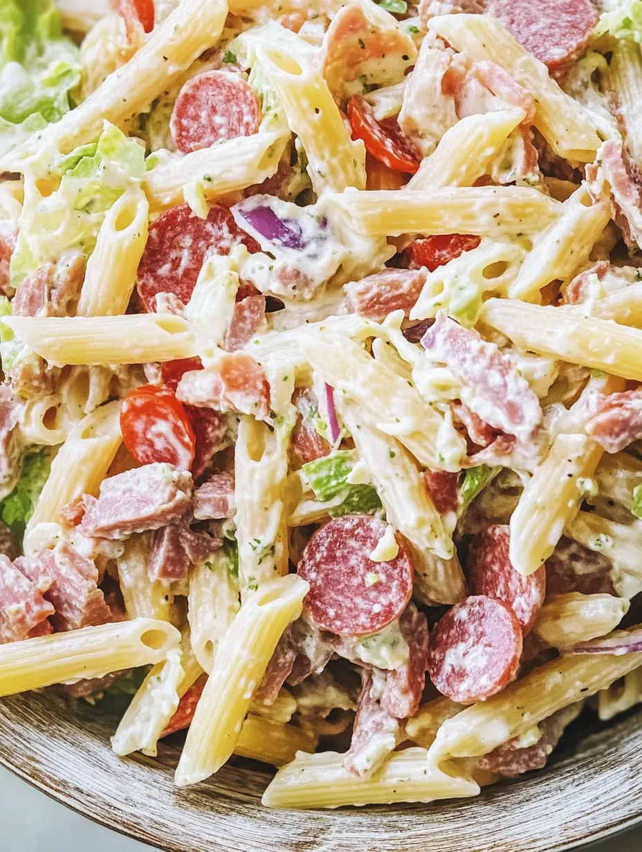 A bowl of pasta salad with meatballs and vegetables.
