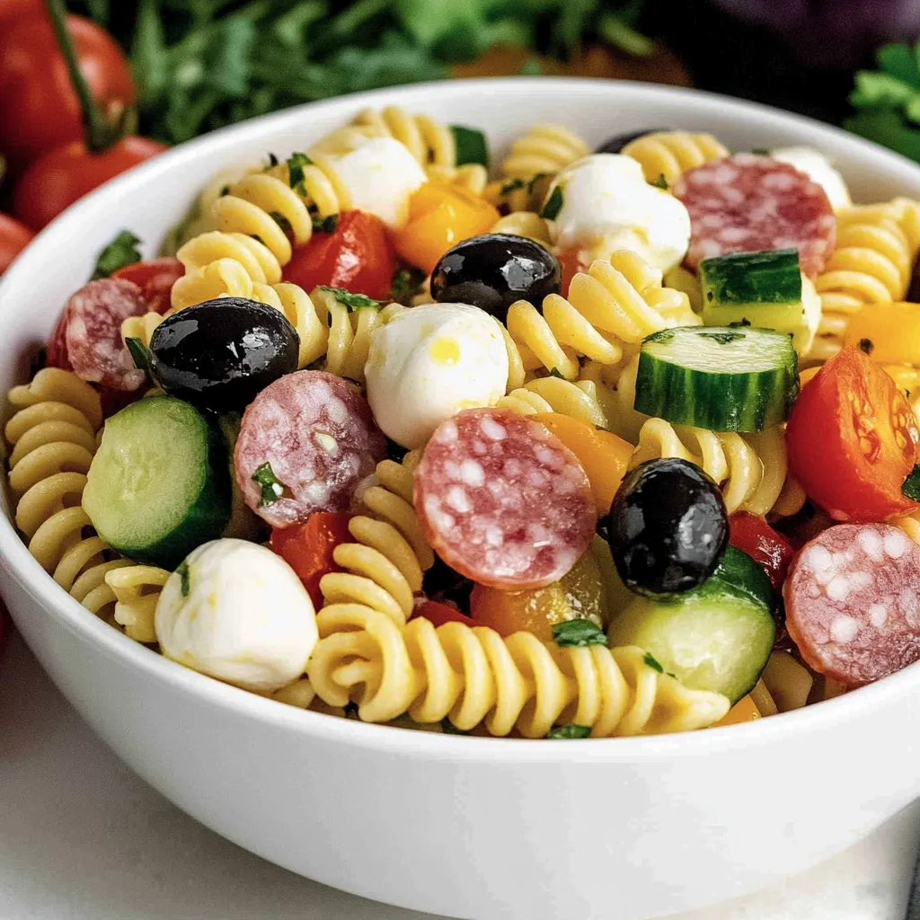 A bowl of pasta with tomatoes, olives, and peppers.