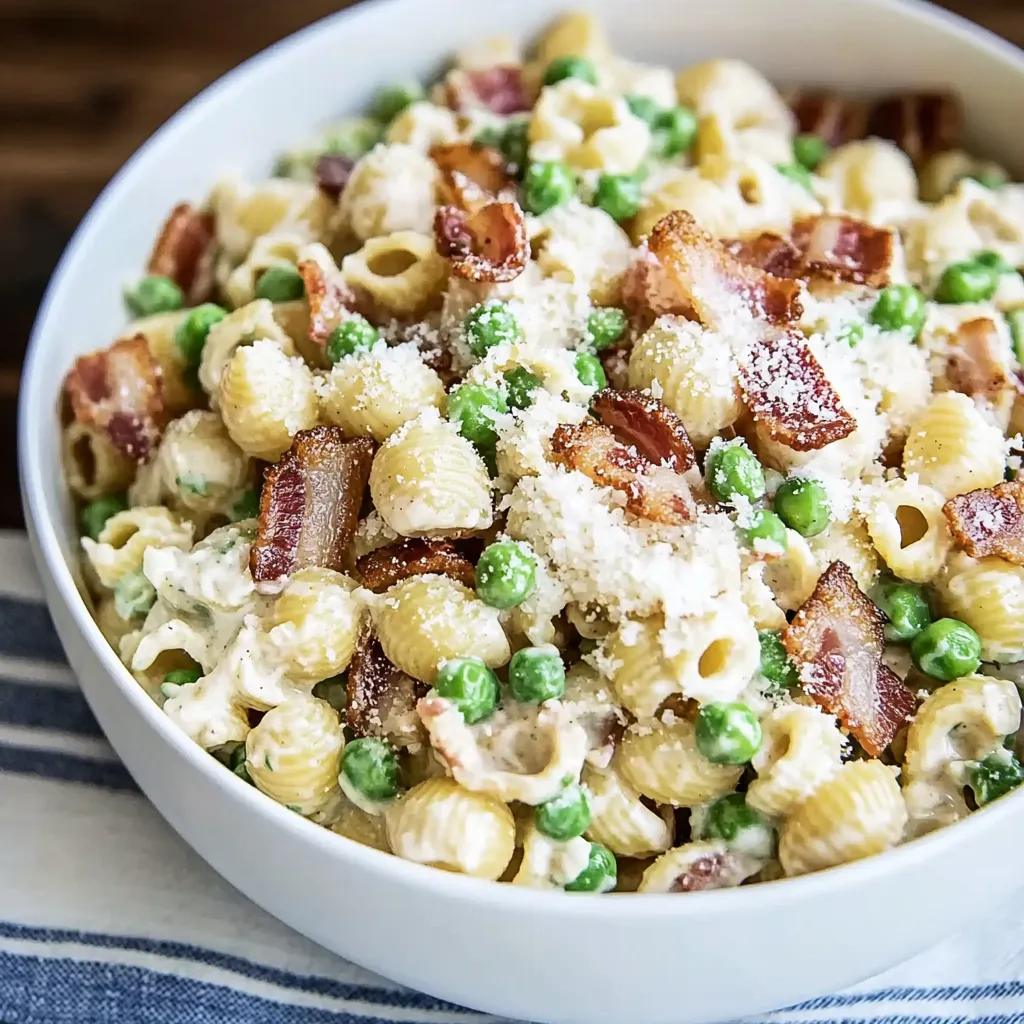 A bowl of pasta with peas and bacon.