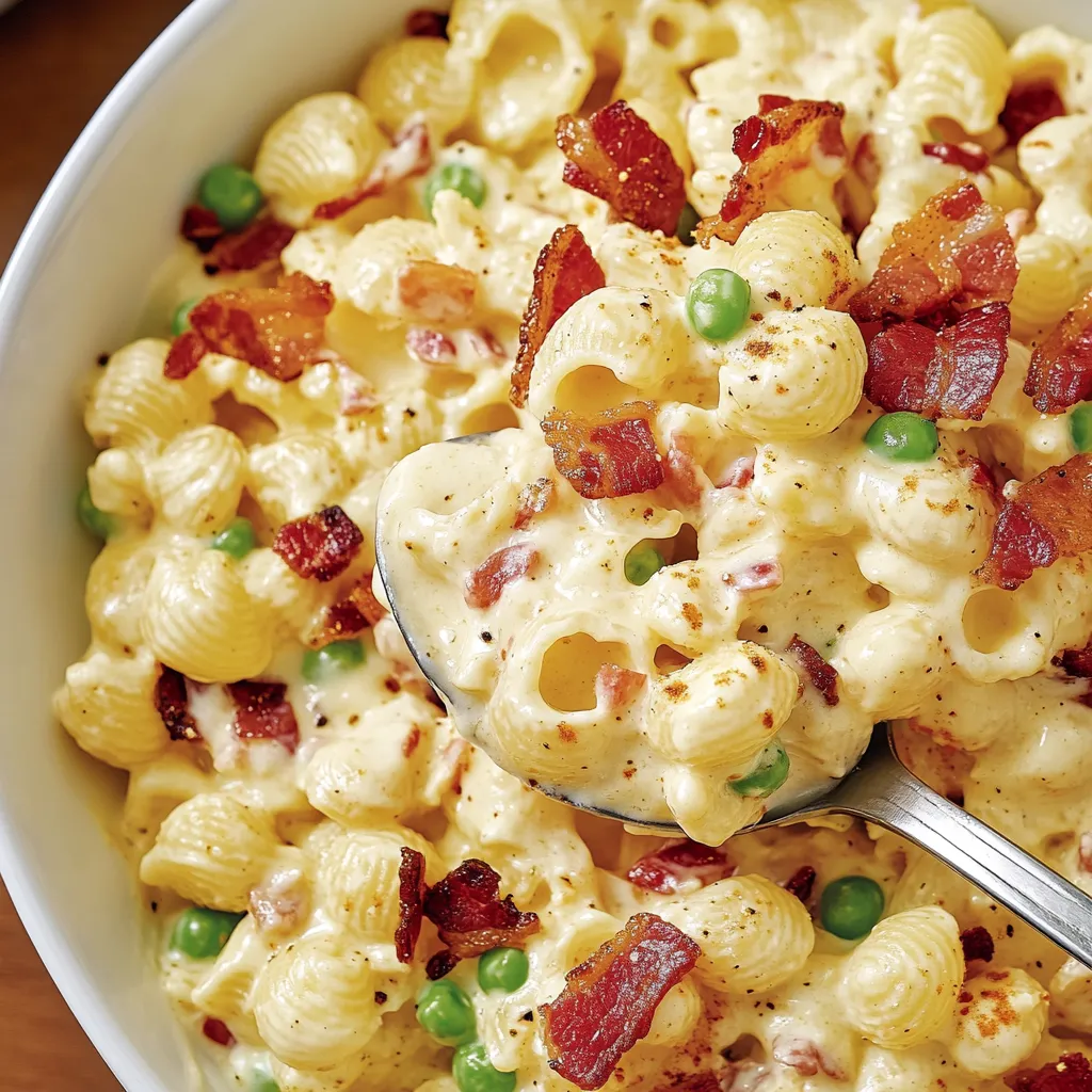 A bowl of macaroni and cheese with bacon bits.
