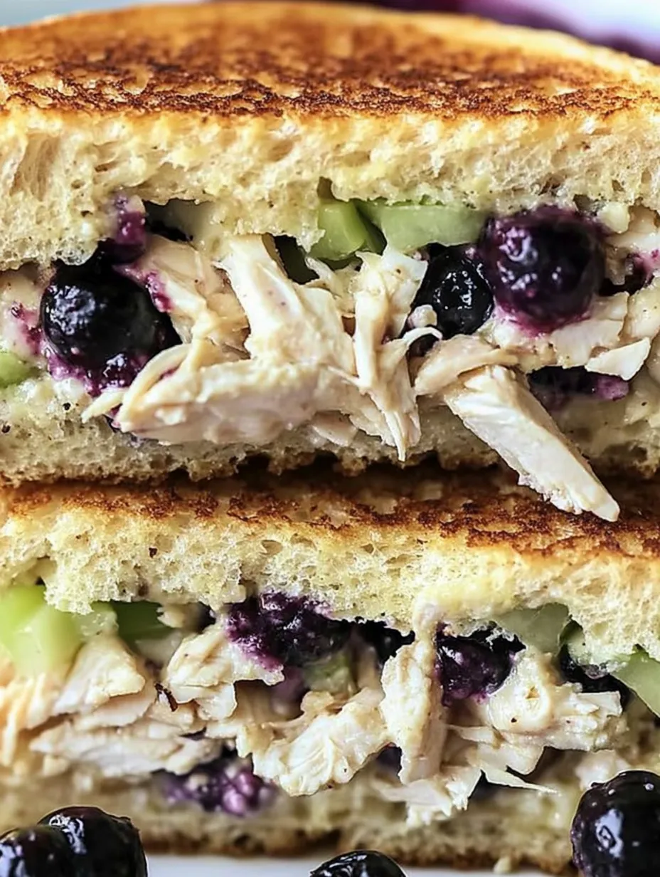 A sandwich with chicken, blueberries, and cucumbers.