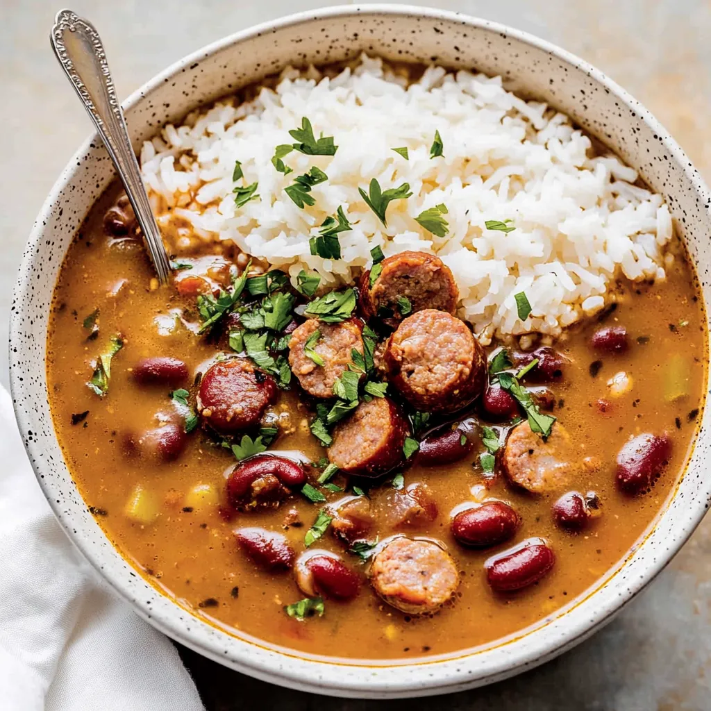 A bowl of soup with sausage and rice.