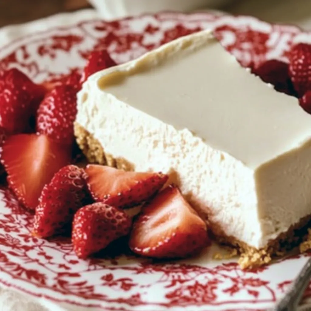 A slice of cheesecake with strawberries on top.