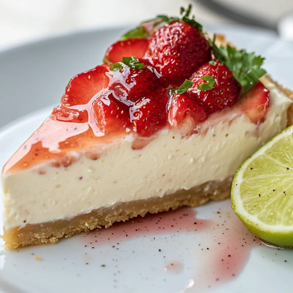 A slice of cheesecake with strawberries on top.