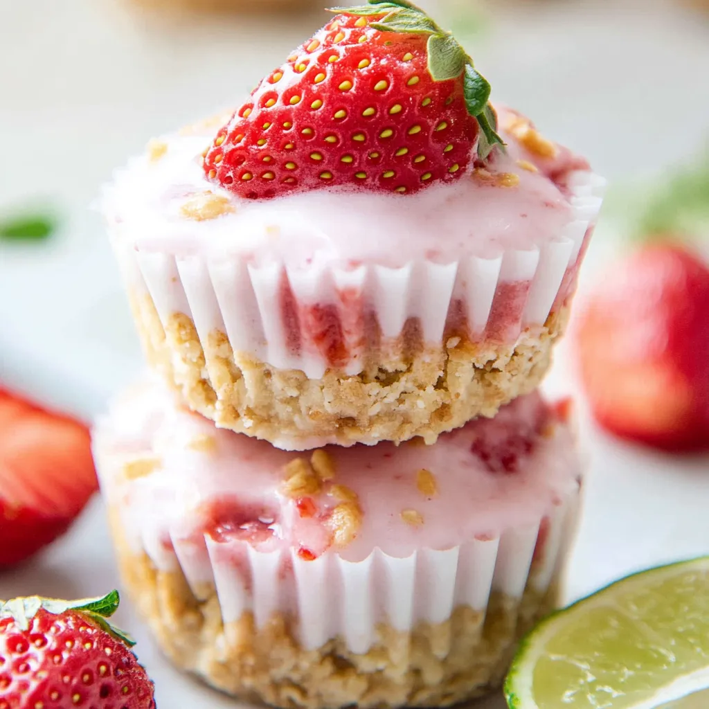 A stack of strawberry cupcakes with strawberries on top.