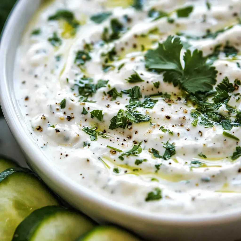 A bowl of white dip with green herbs on top.