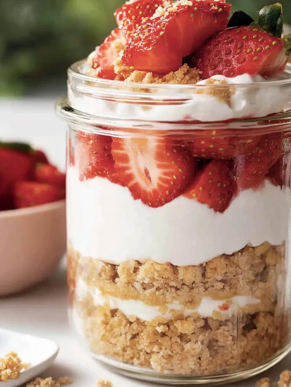 A glass jar filled with strawberries and whipped cream.