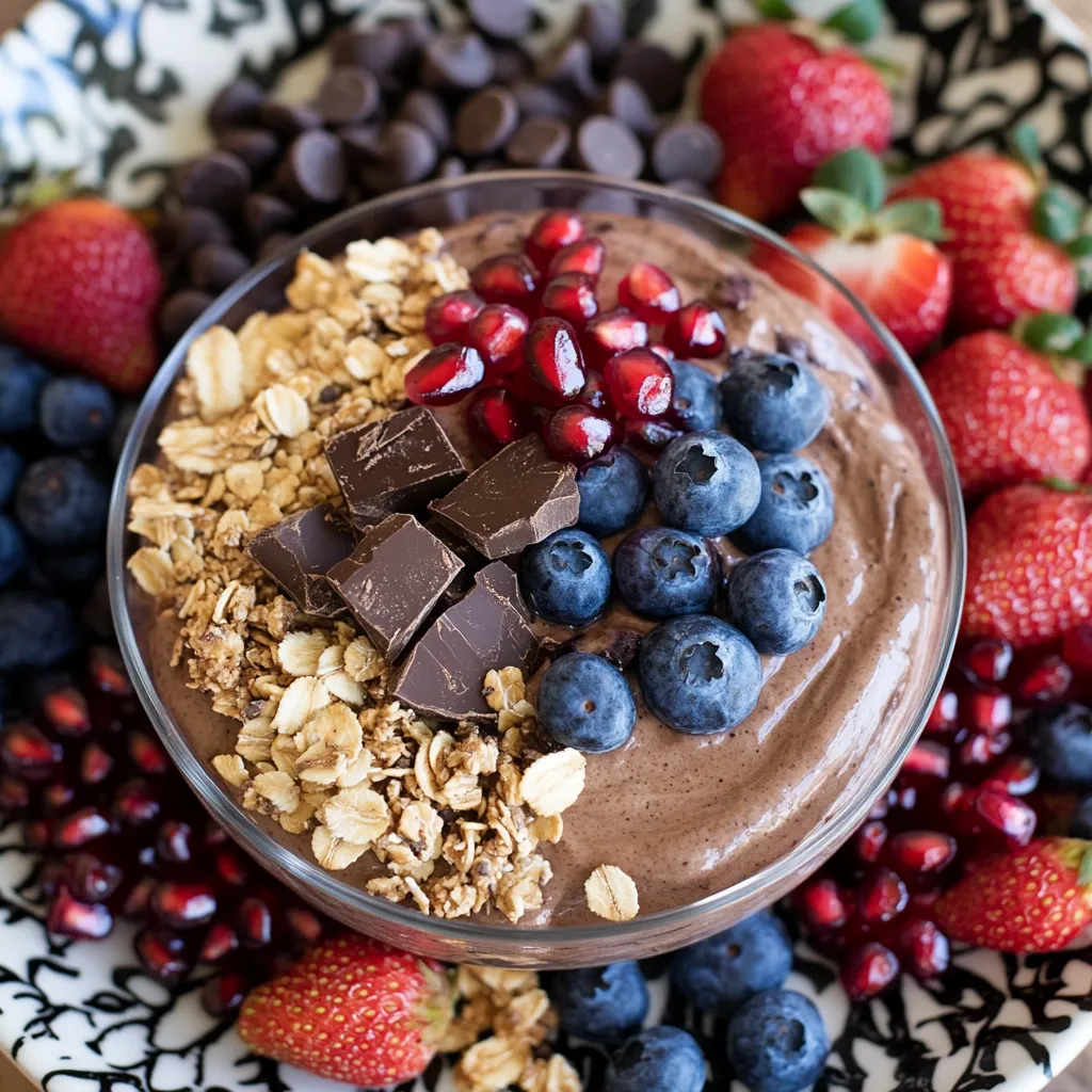 A bowl of granola with chocolate chips and blueberries.