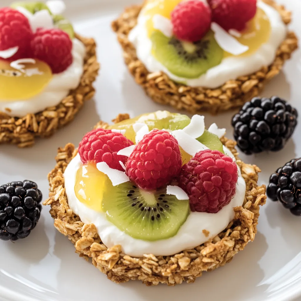 A plate of food with a kiwi, raspberries, and a blackberry.