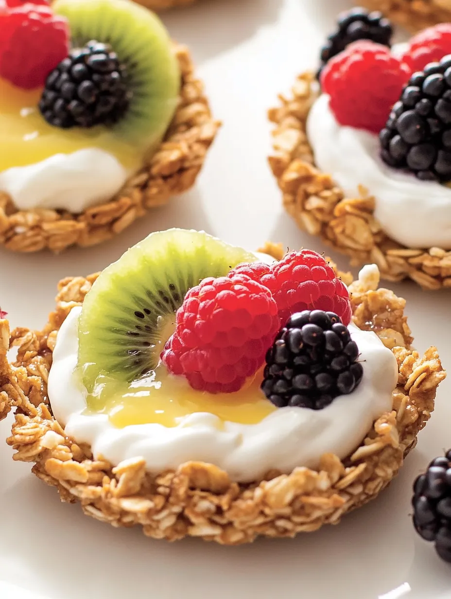 A dessert with a slice of kiwi, raspberries, and blackberries.