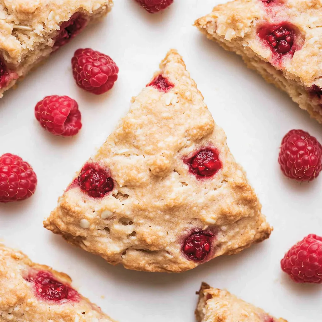 A triangle shaped piece of food with raspberries on top.