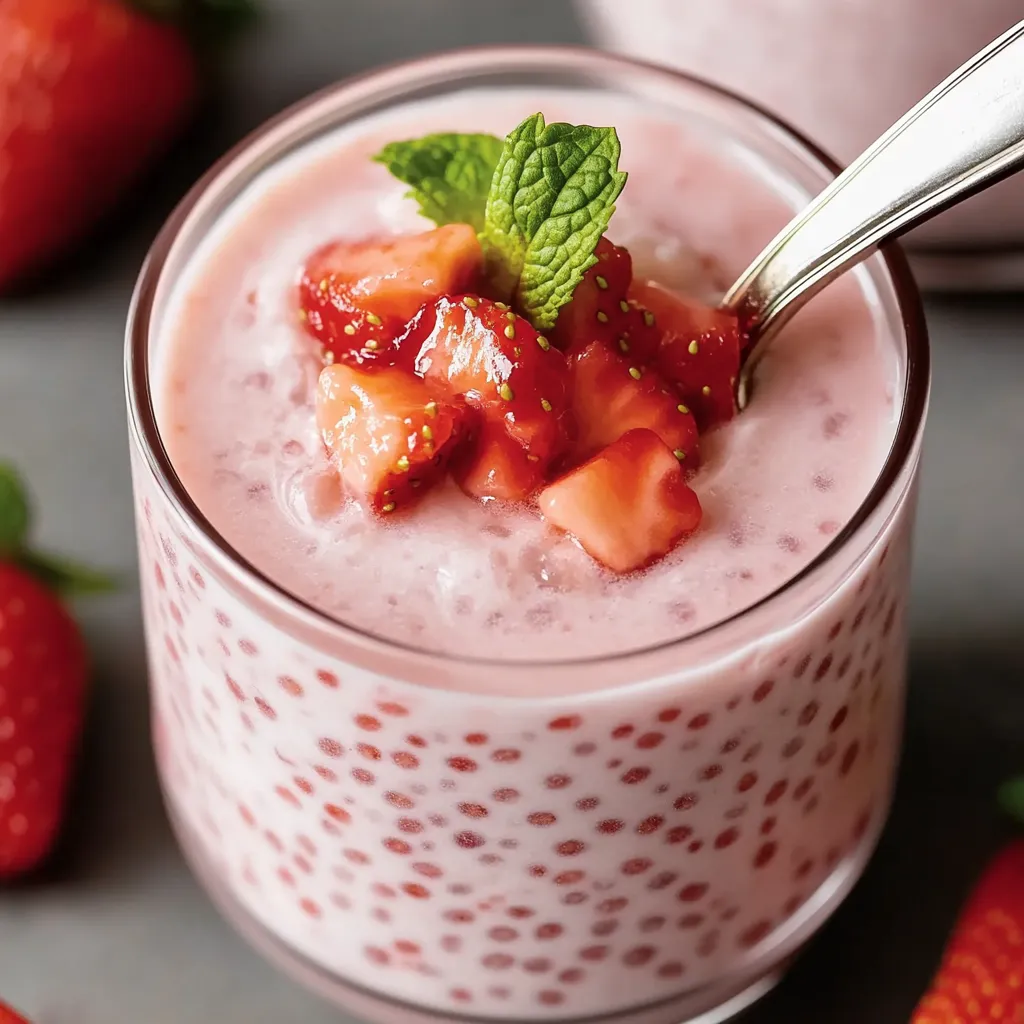 A glass of strawberry yogurt with a mint garnish.