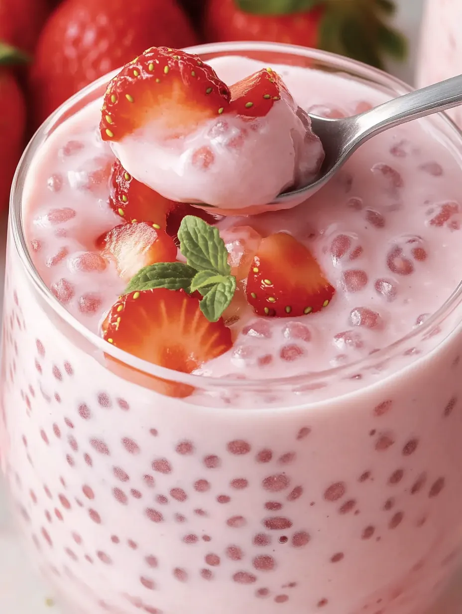 A glass of strawberry yogurt with a spoon in it.