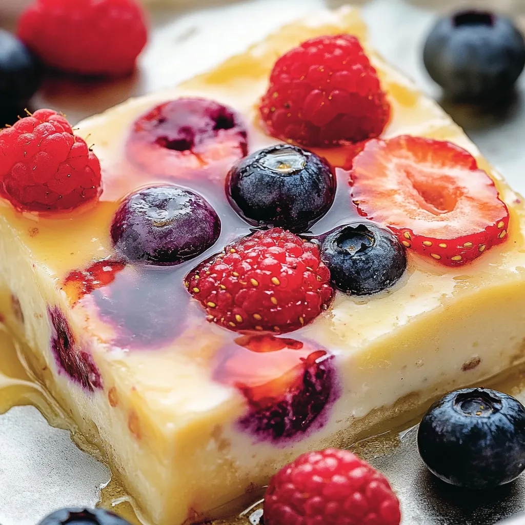 A square of cake with raspberries and blueberries on top.