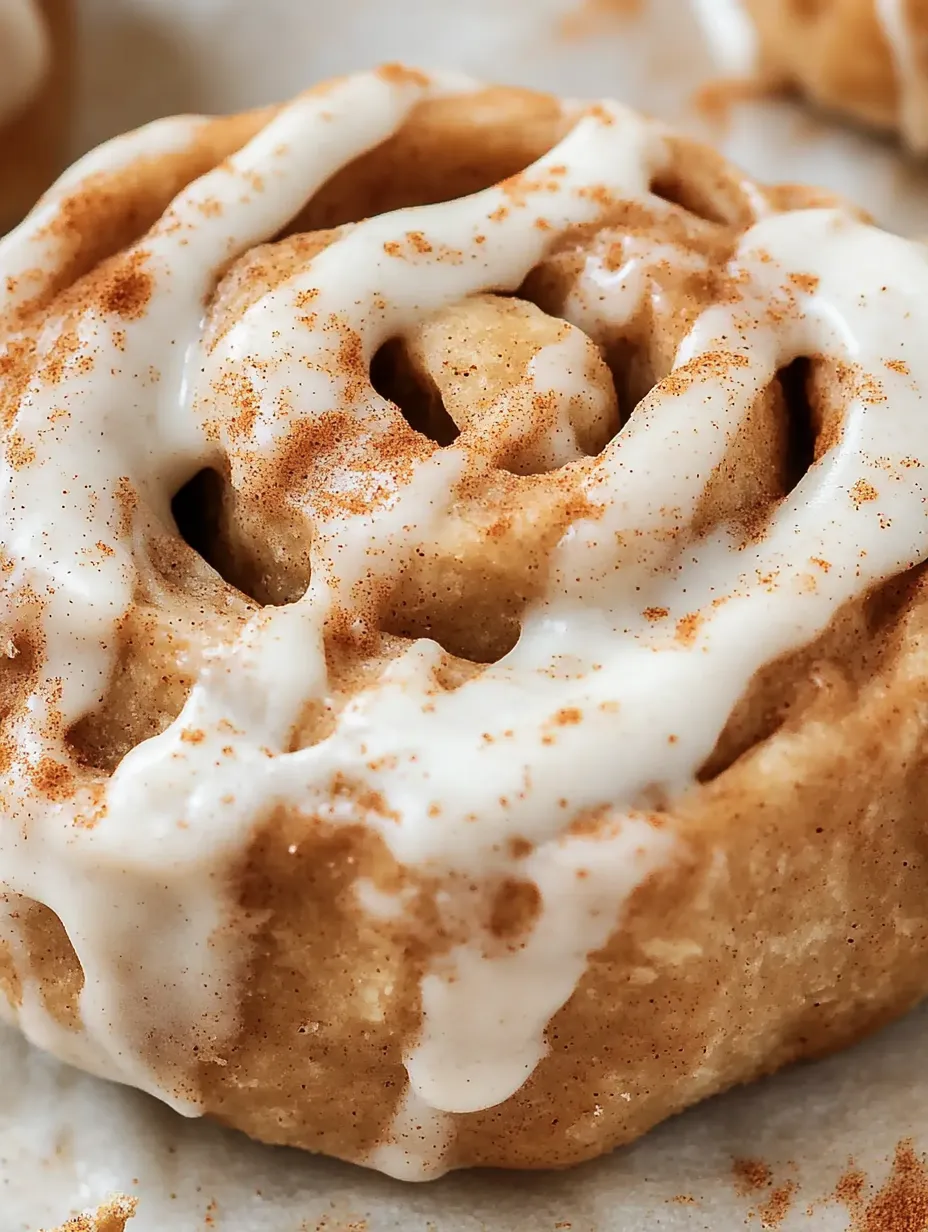 A pastry with white frosting and cinnamon.