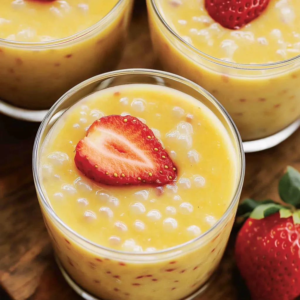 A glass of food with a strawberry on top.