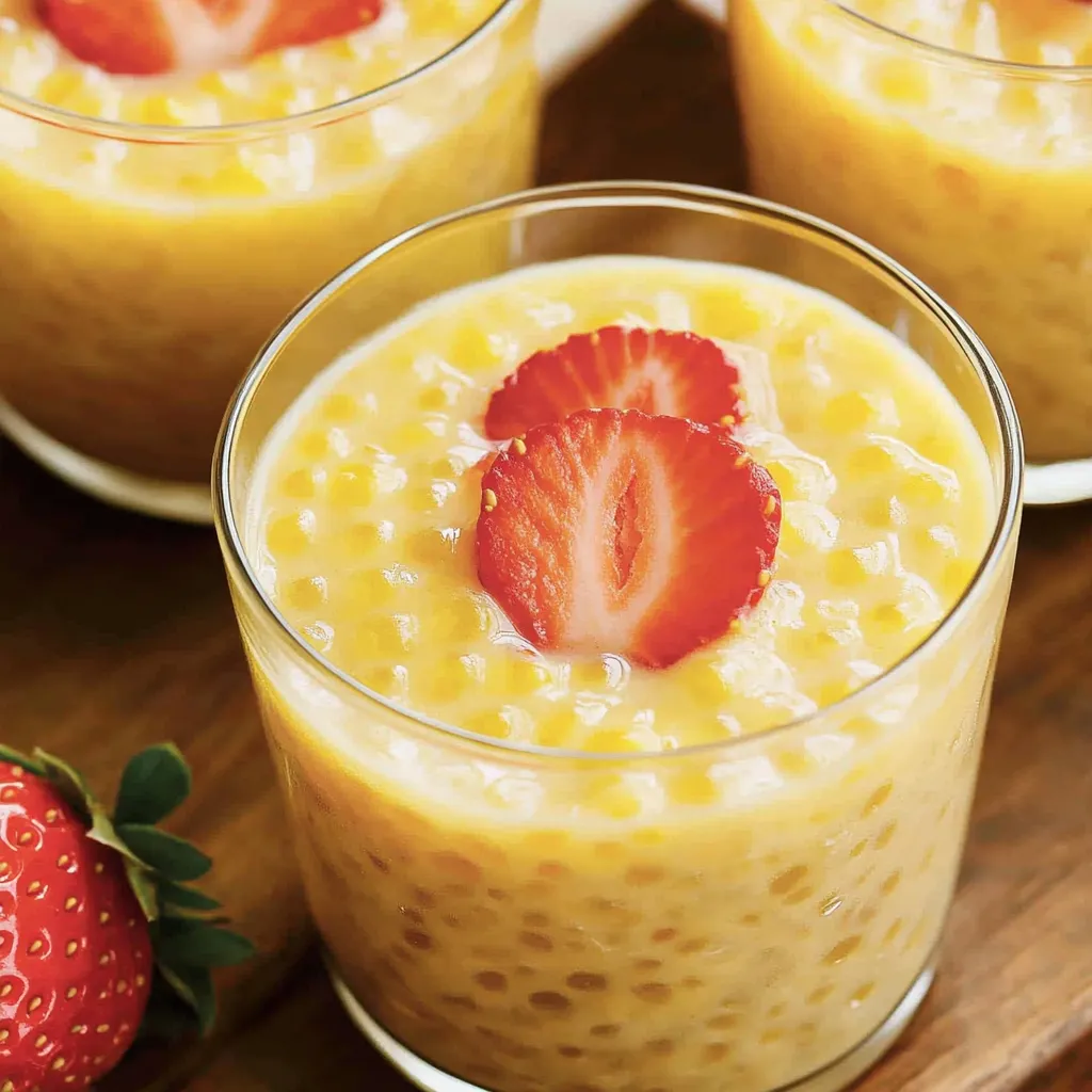 A glass of food with strawberries on top.