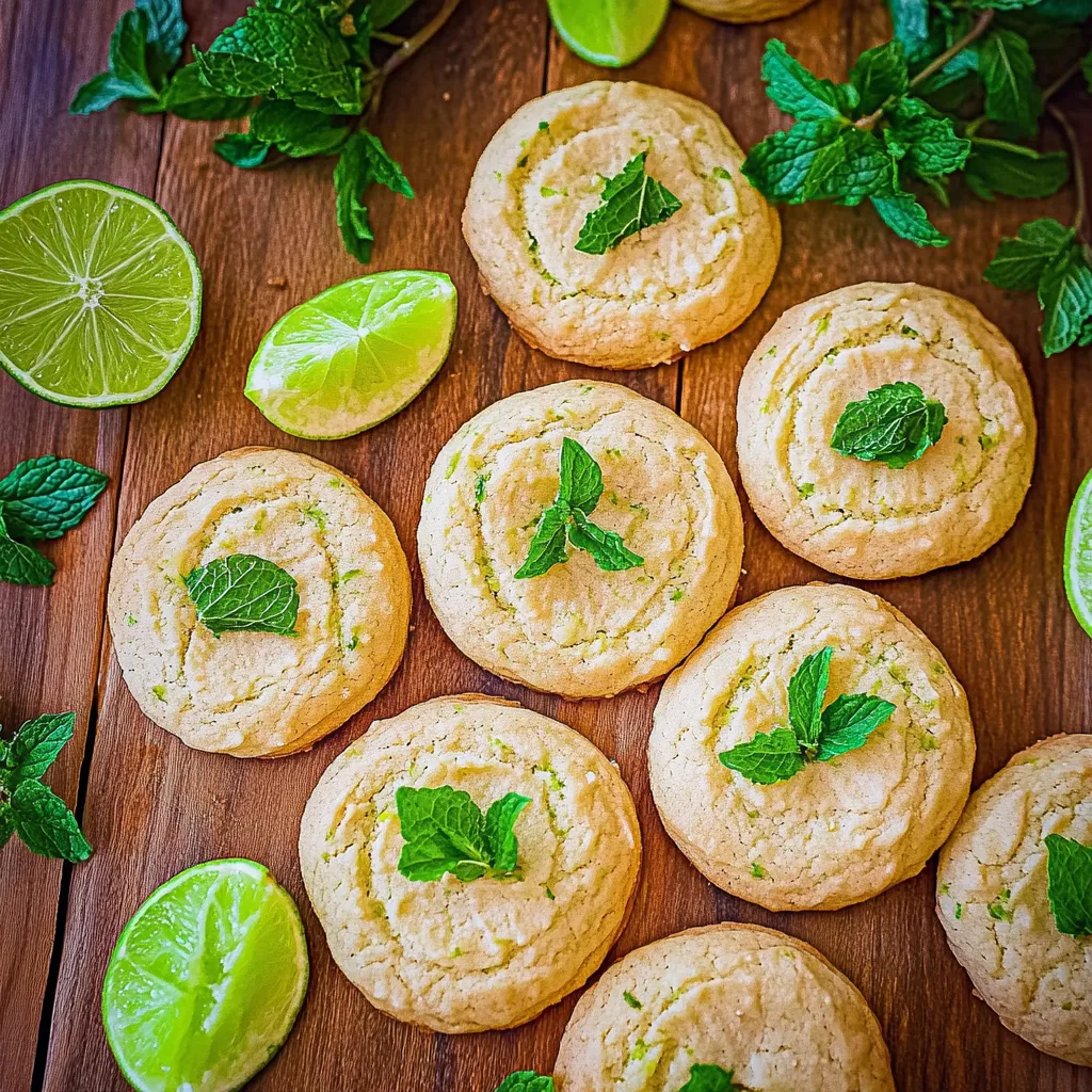 A wooden table with cookies and limes.