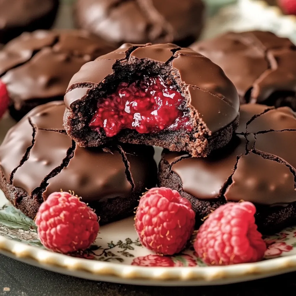 A plate of chocolate cookies with raspberries on top.