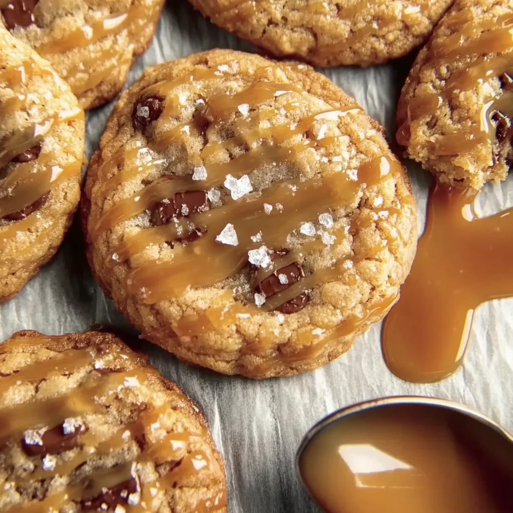 A close up of a cookie with caramel drizzled on top.