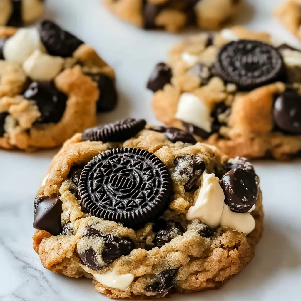 A chocolate chip cookie with an Oreo cookie on top.