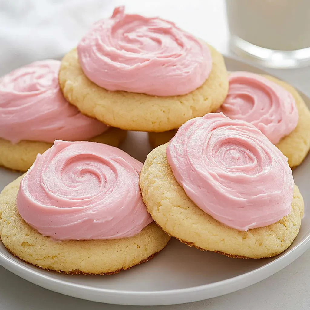 A plate of cookies with pink frosting.