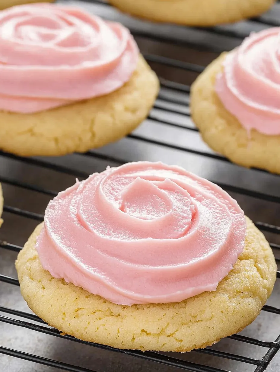 A pink frosted cookie on a cooling rack.