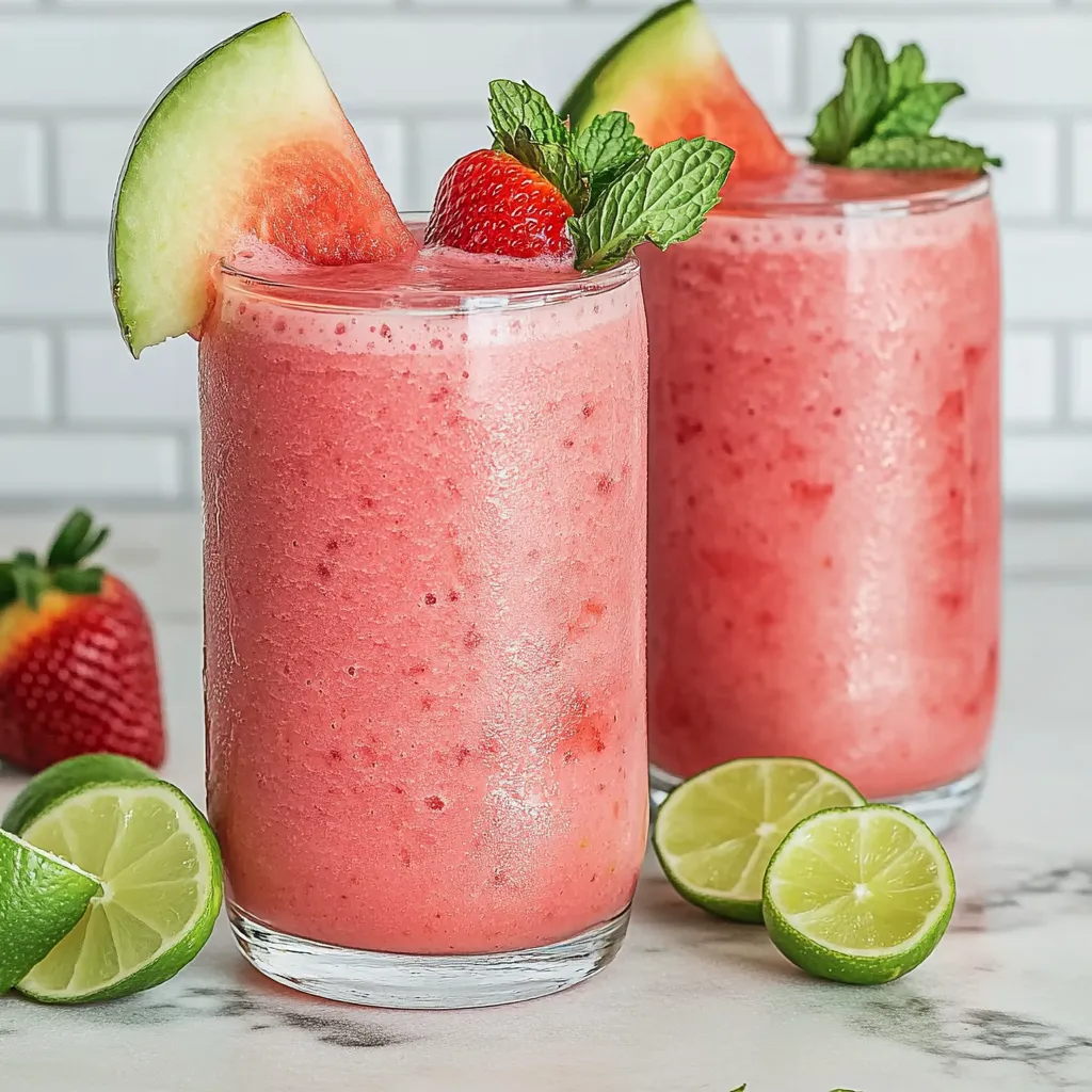 Two glasses of pink smoothie with limes and strawberries.