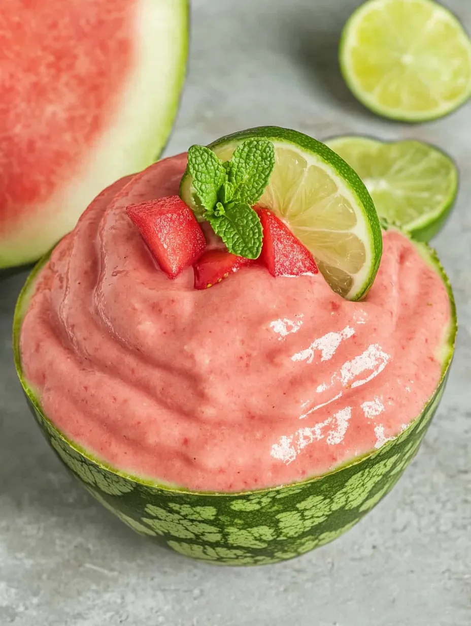 A slice of watermelon with a mint leaf on top.