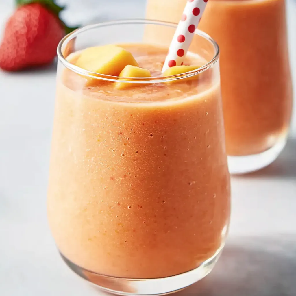 A glass of orange juice with a straw in it.