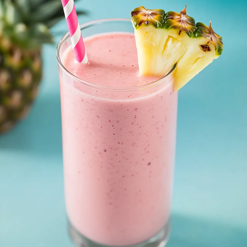 A glass of pink smoothie with a pineapple wedge.
