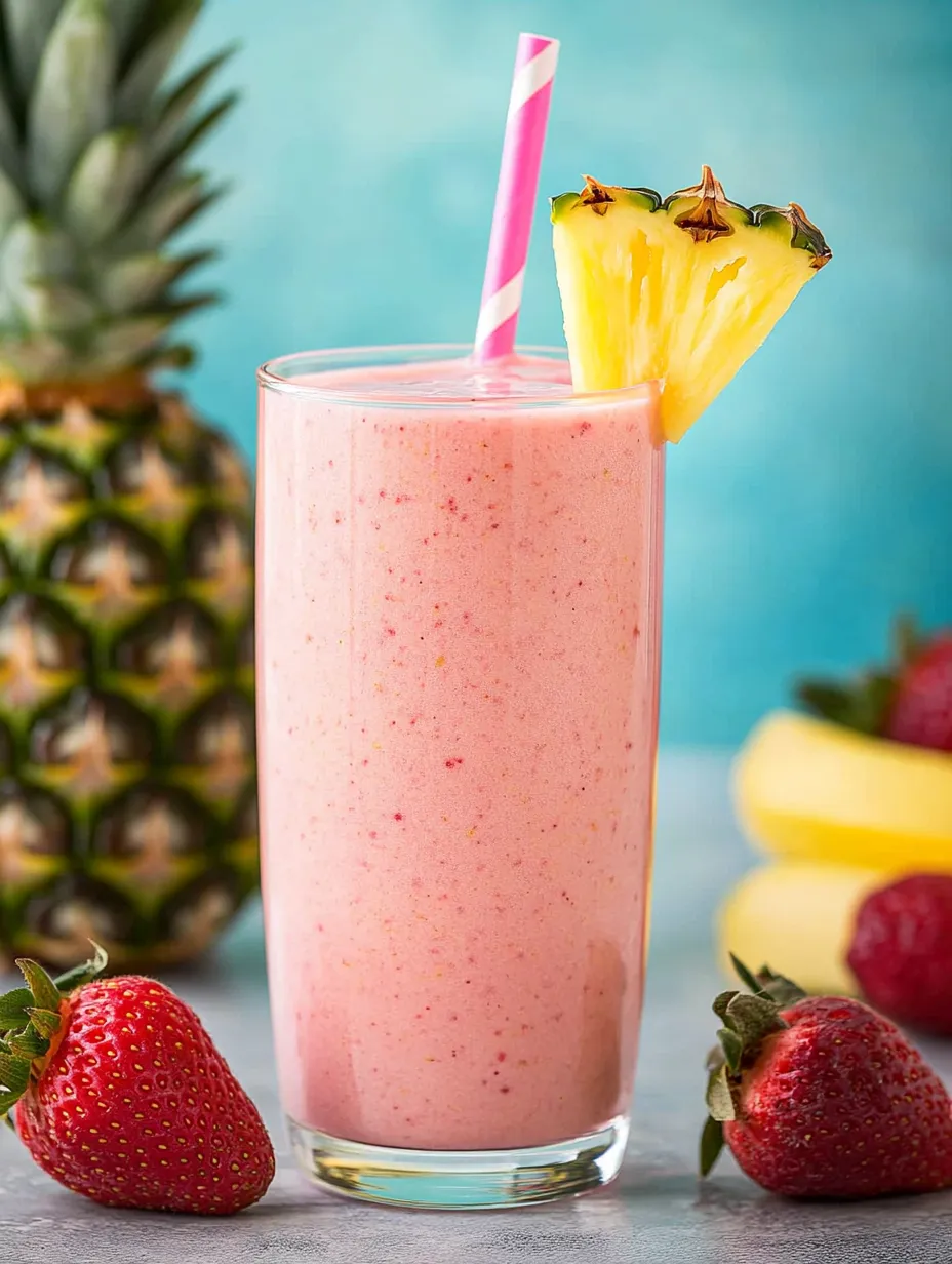 A glass of pink smoothie with a pineapple wedge on top.