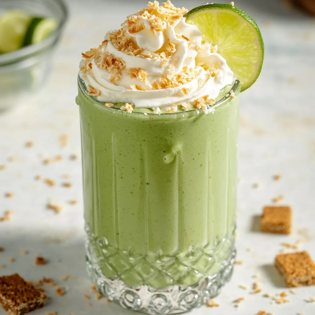 A glass of green smoothie with white whipped cream.