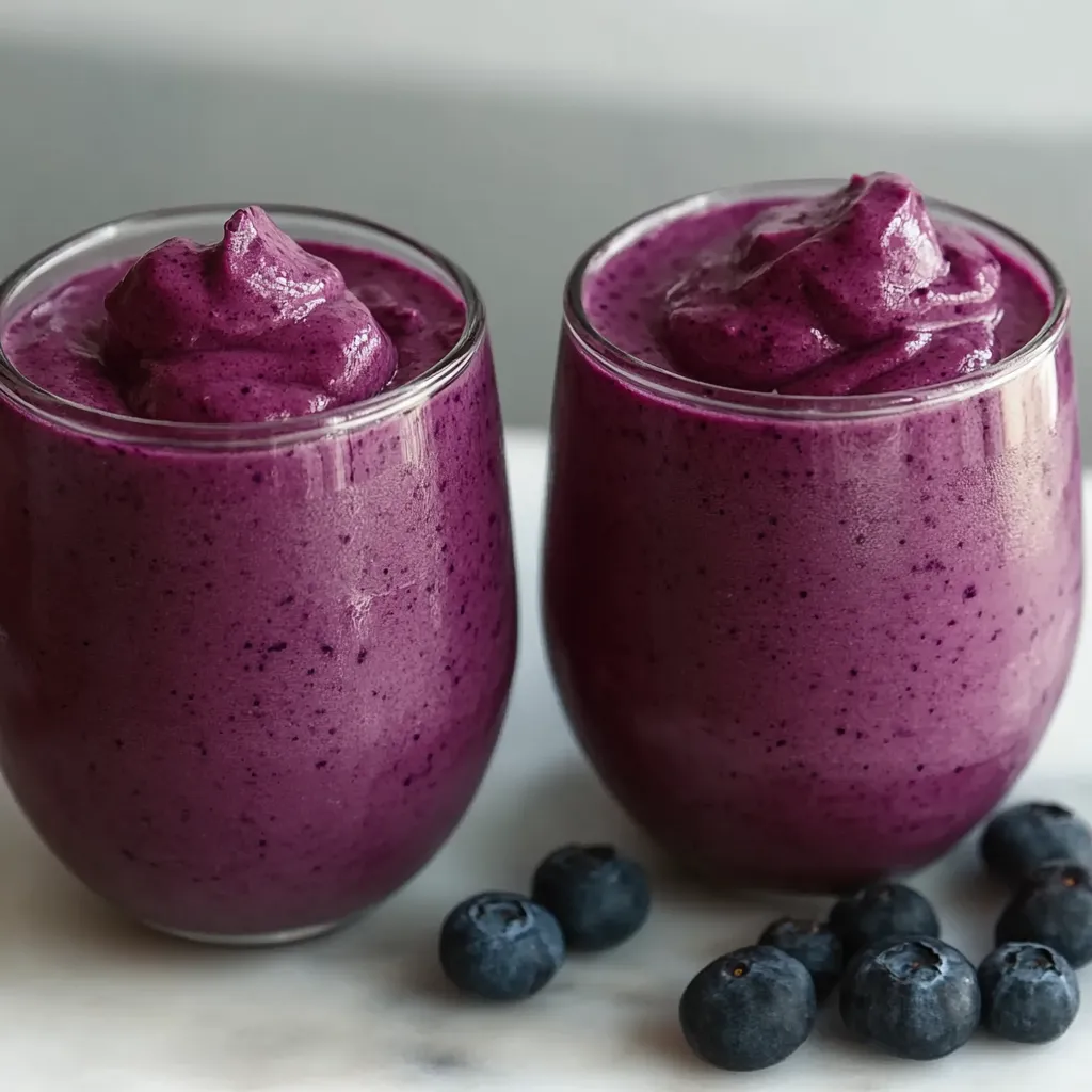 Two glasses of blueberry yogurt.