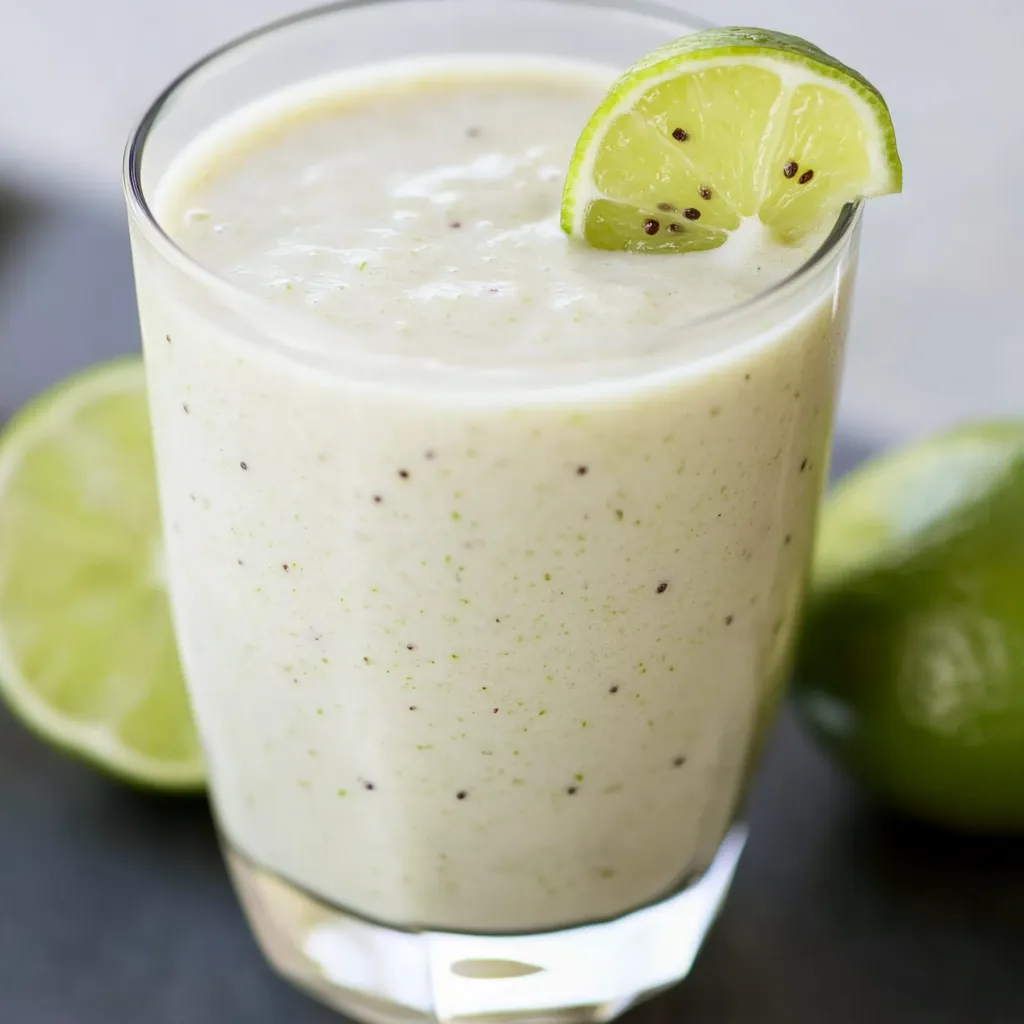 A glass of green smoothie with a lime wedge on top.