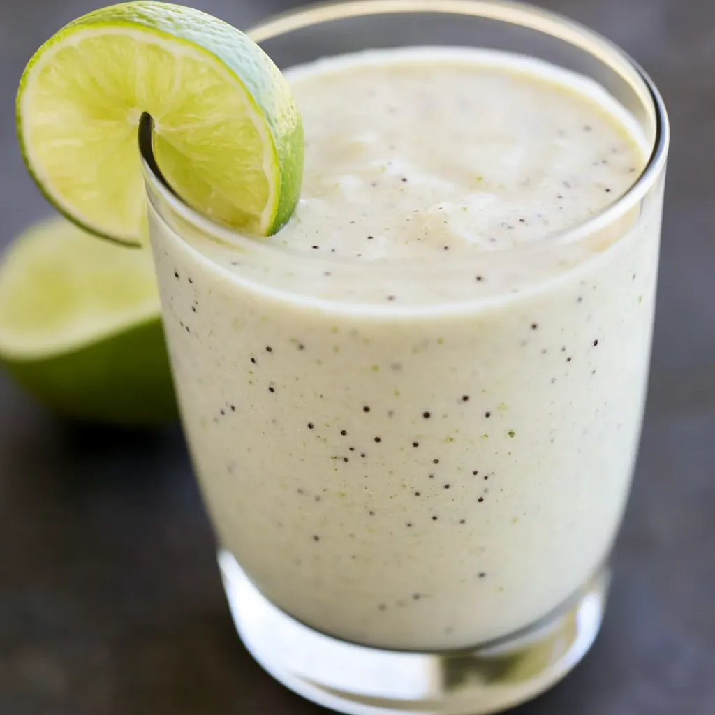 A glass of green smoothie with a lime wedge on top.