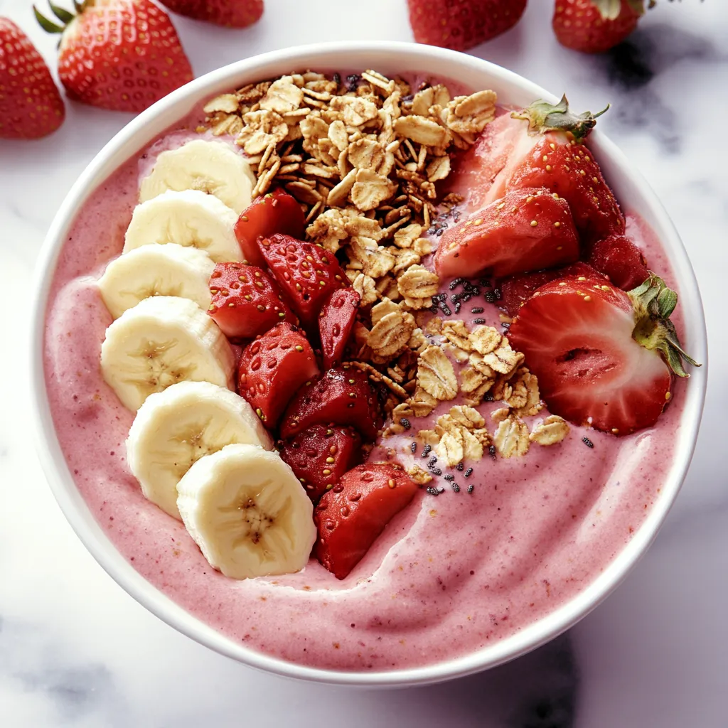 A bowl of fruit with strawberries, bananas, and yogurt.