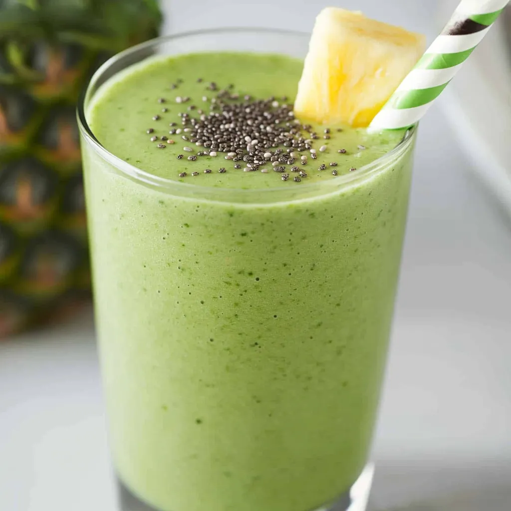 A glass of green smoothie with a pineapple wedge on top.