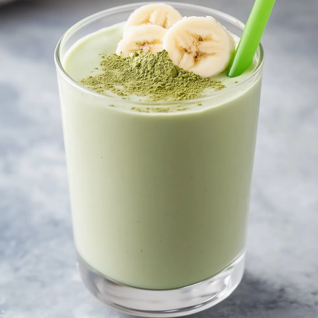 A glass of green smoothie with banana slices on top.