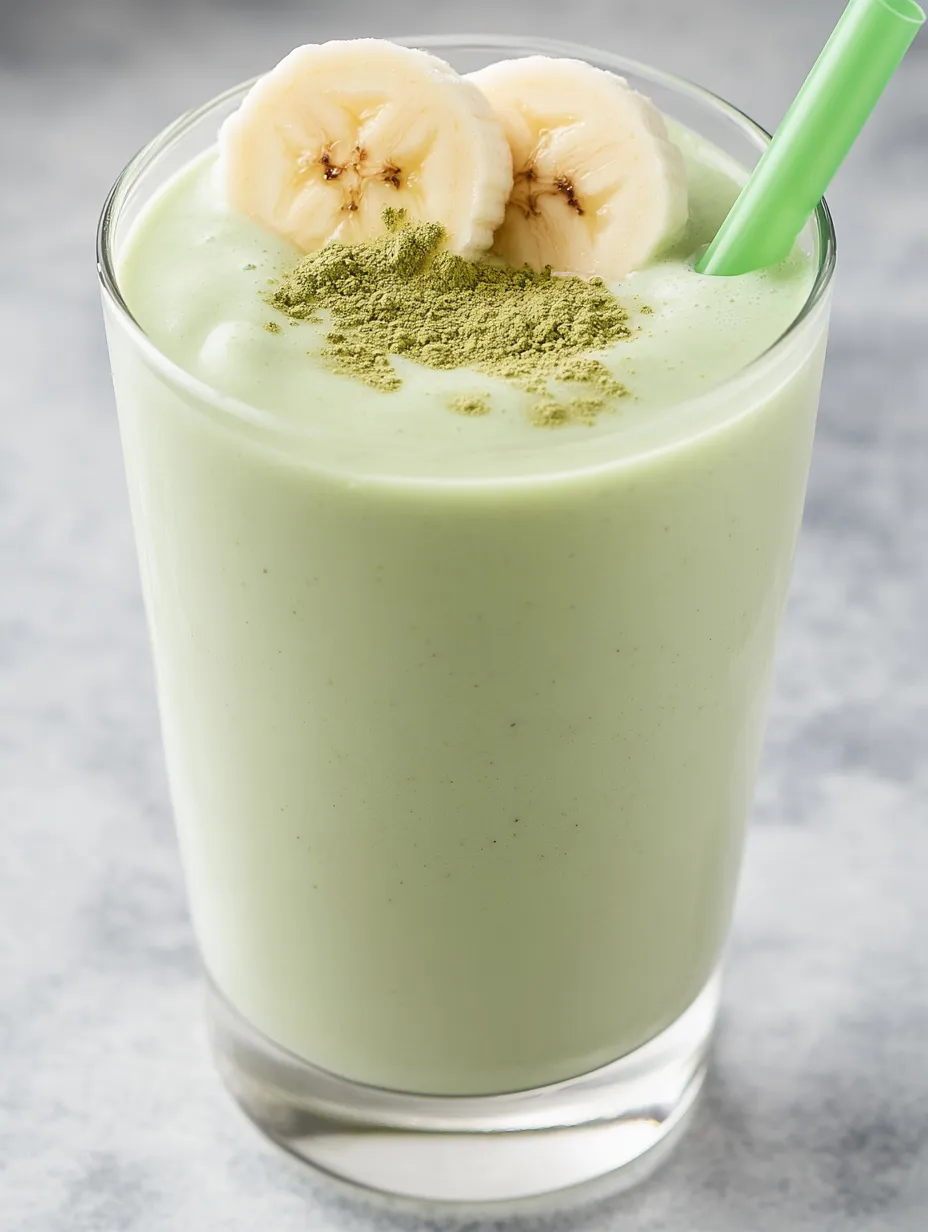 A glass of green smoothie with banana slices on top.