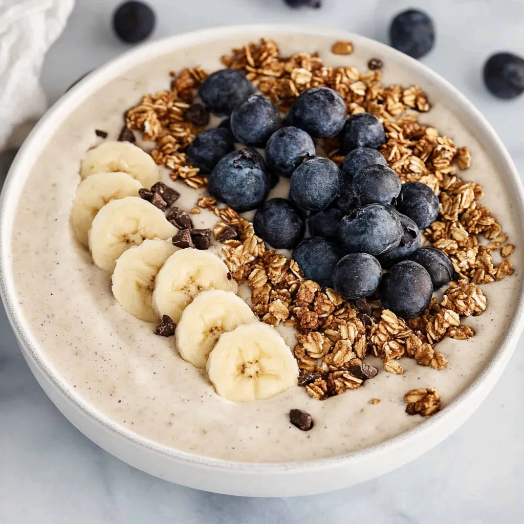 A bowl of oatmeal with bananas and blueberries.